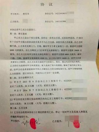 男女雙方簽署的協議書。