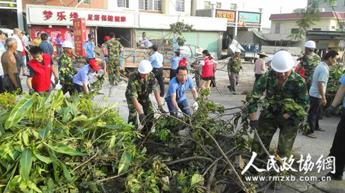 在搶險救災現場，海滄區政協機關黨員、干部與群眾協力扶綠、清障、打掃。