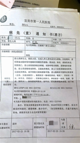 張威女兒的病危通知書