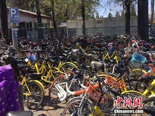 資料圖：頤和園附近的一處停車點堆滿共享單車。<a target='_blank' href='http://www.chinanews.com/' >中新網(wǎng)</a> 吳濤 攝