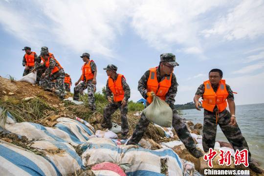 資料圖片，民兵應(yīng)急分隊冒著酷熱進行堤壩加固。　傅建斌 攝