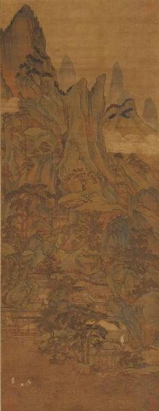 胡廷暉《春山泛艇圖》 絹本，青綠設色，縱143cm，橫55.5cm，北京故宮博物院藏