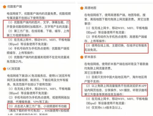 某定向流量卡說是不限流量，但設定了種種要求，用戶難以做到不使用套餐外流量。APP截圖