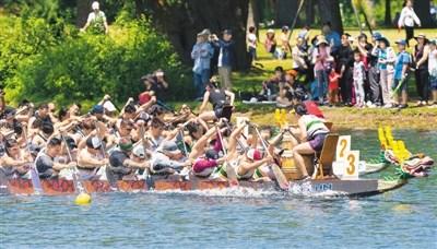 中國(guó)僑網(wǎng)6月16日，加拿大舉行第30屆多倫多國(guó)際龍舟節(jié)，這項(xiàng)為期兩天的傳統(tǒng)活動(dòng)吸引了來(lái)自世界各地的逾5000人參加。圖為參賽者在龍舟賽中。(新華社/鄒崢 攝)