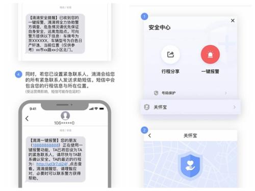 滴滴出行APP“一鍵報警”及相關短信展示。截圖