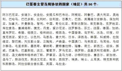 圖注：已簽署主管當局協議的國家(地區)共96個，表格不斷更新中。圖片來源：國家稅務總局官網