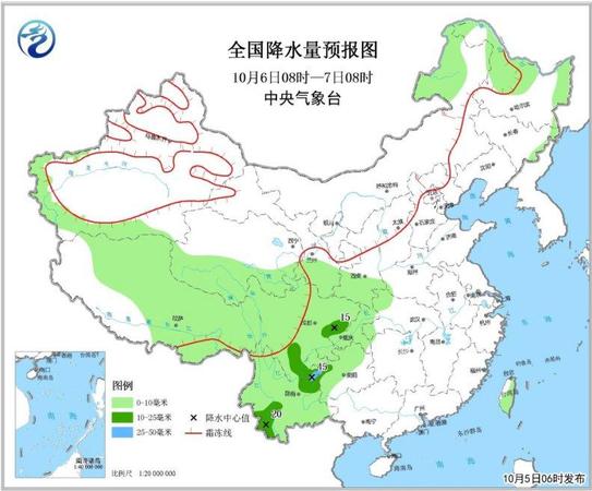 圖3 全國降水量預報圖(10月6日08時-7日08時)