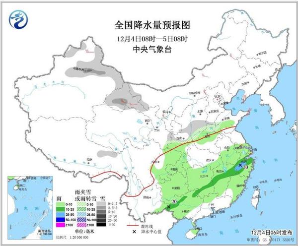 圖1 全國降水量預報圖(12月4日08時-5日08時)