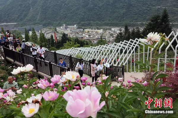 2018年4月30日，汶川青山綠水鮮花盛開，吸引游客觀光。 中新社記者 任海霞 攝