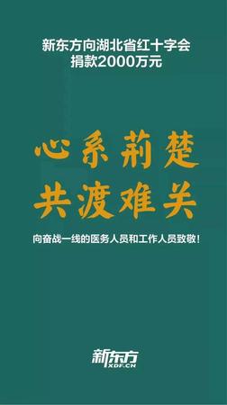 行動五-全國政協委員、民盟中央常委、民盟海淀區委盟員俞敏洪所在企業新東方教育集團向湖北省紅十字會捐款2000萬元。