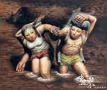 故鄉組畫-過河（布面油畫）69x58cm-1981年-羅中立