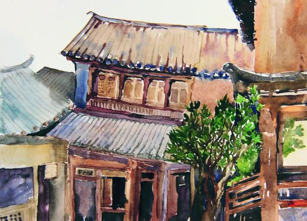 劉立宇  喜洲小院  水彩  26×36cm