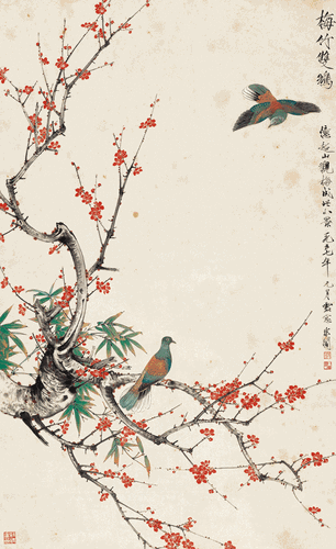 梅竹雙鴆-155x95.5cm-1957年-于非闇