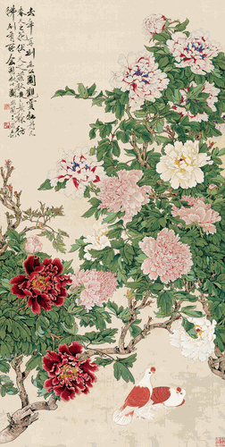 牡丹雙鴿圖-162×81.5cm-1959年-于非闇-北京畫院藏